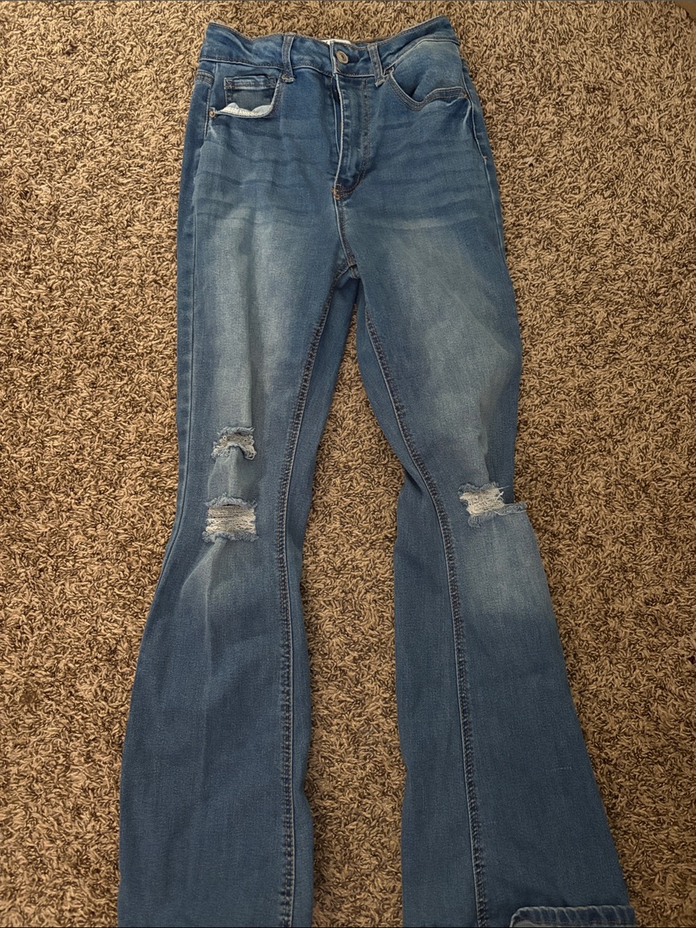 Wax Jean Medium Blue Distressed Flare Jeans
